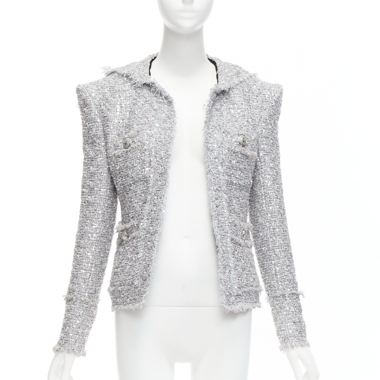 BALMAIN silver sequinned metallic boucle tweed hooded power