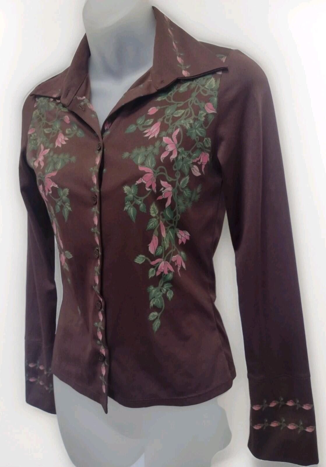 The Unbranded Brand 70s Brown Floral Print Button Up Blouse Long Sleeve Boho XS Size XS / US 0-2 / IT 36-38 - 3 Thumbnail