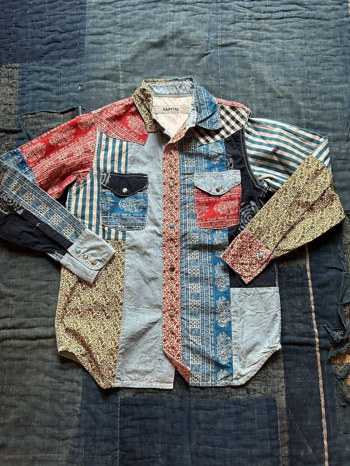 image of Kapital Patchwork Long Sleeve Shirt in Blue Pink Yellow, Men's (Size XS)