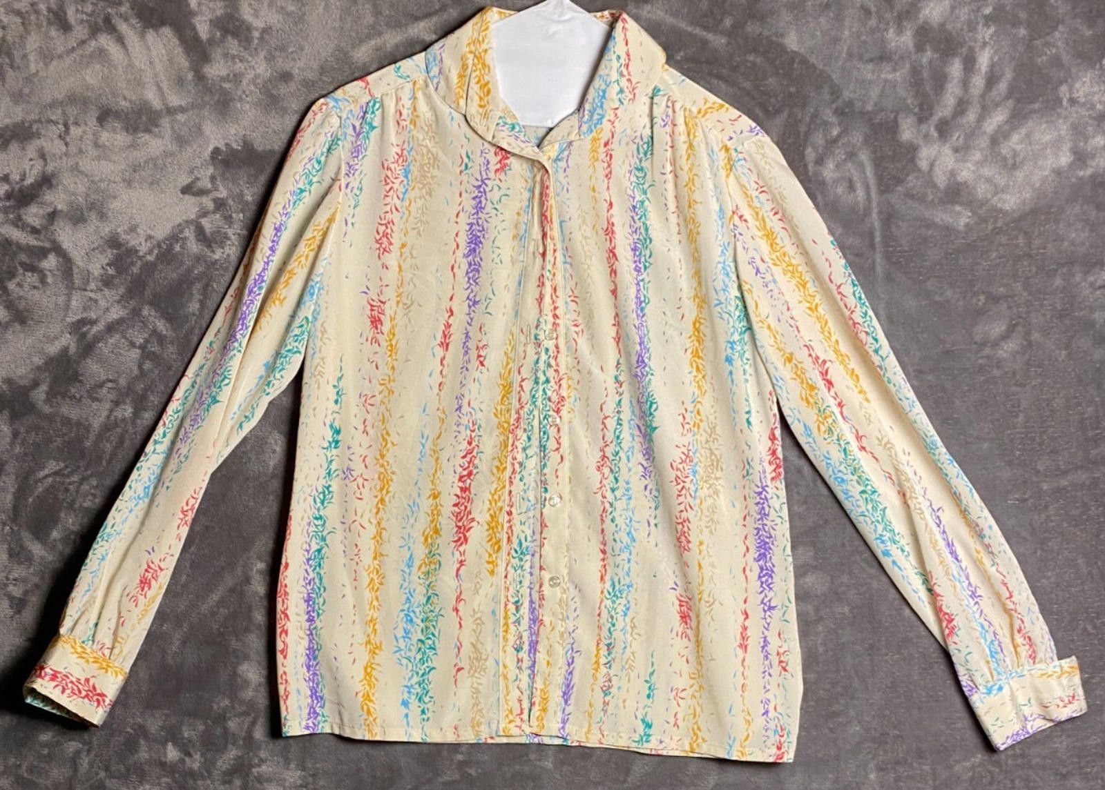 Designer Latiffa 70s Womens Sz.10 Tan Floral LS RND Collar Shirt (B14 Size L / US 10 / IT 46 - 1 Thumbnail