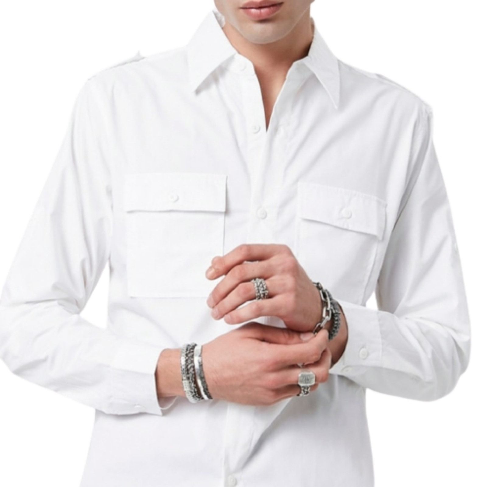Other WHITE ☆ FRONT FLAP POCKET ☆ EPILET SHOULDER SHIRT ☆ XL Size US XL / EU 56 / 4 - 4 Thumbnail