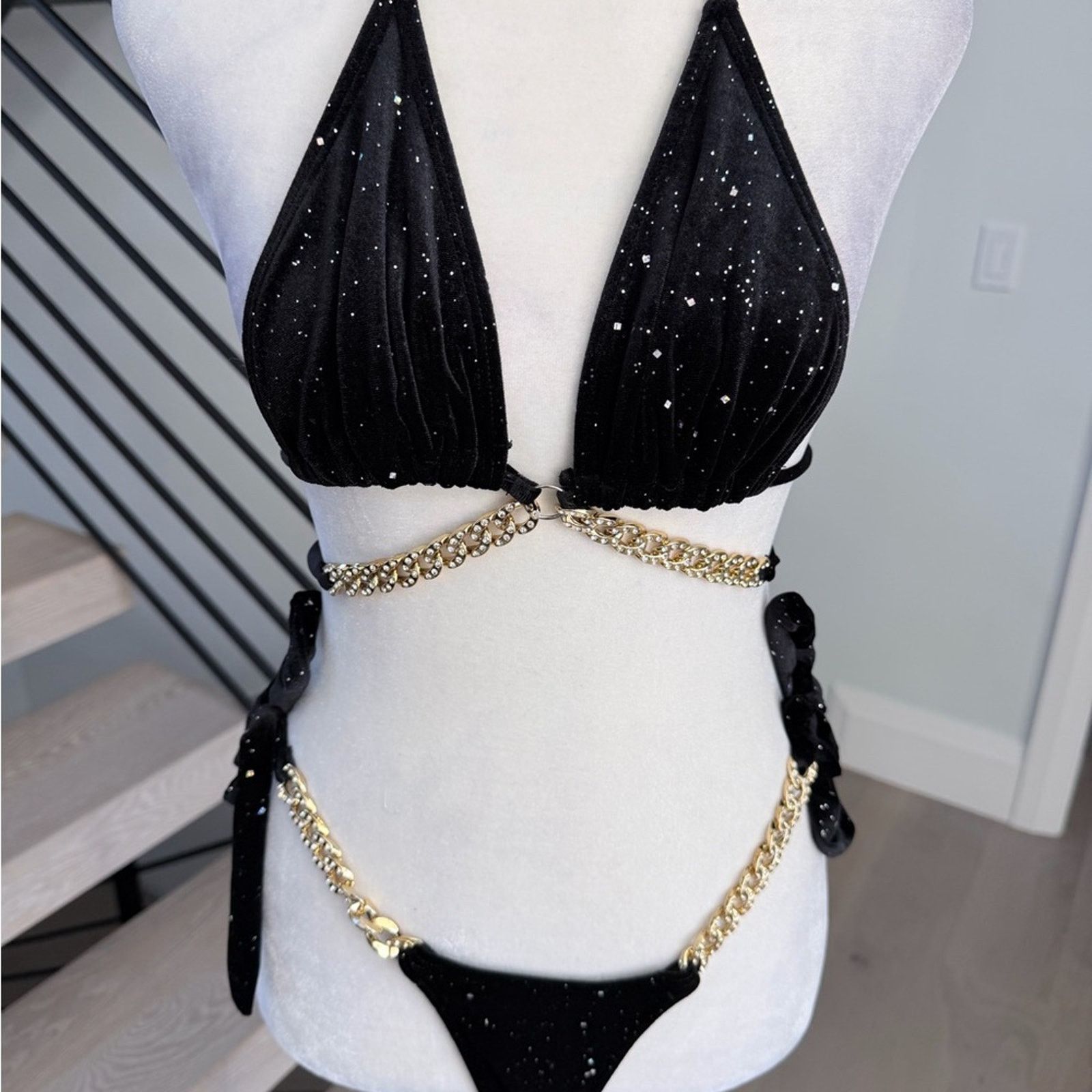 Other Black and Gold Shiny Velvet Bikini Swimsuit Swimwear size XS Size ONE SIZE - 8 Thumbnail