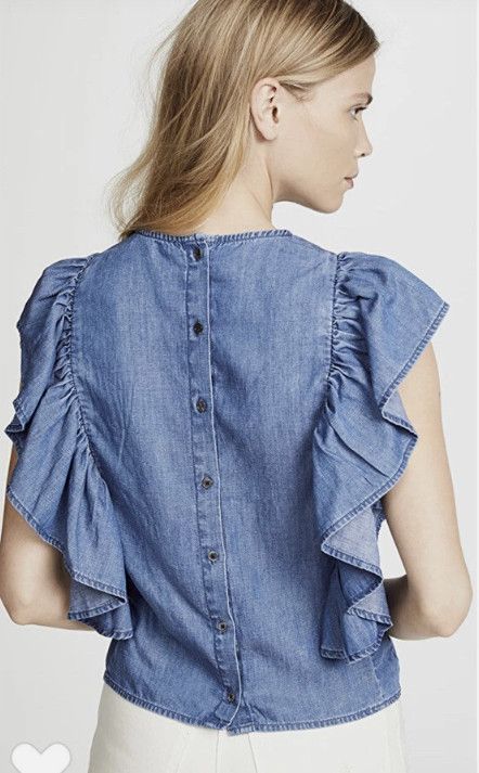 Frame FRAME Knot Ruffled Tie Chambray Denim Flutter Top xs Size XS / US 0-2 / IT 36-38 - 2 Thumbnail