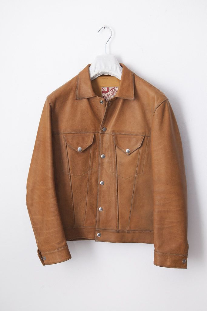 image of Addict Clothes New Vintage Ad-08 Granada Leather Trucker Jacket in Camel, Men's (Size Medium)