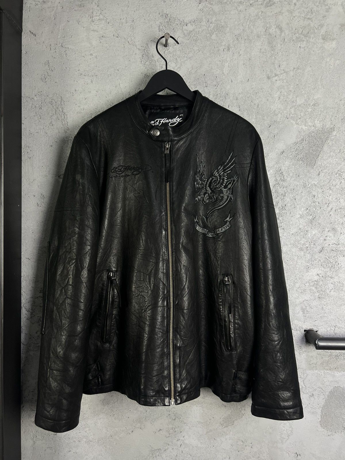 Rare Vintage Ed Hardy Embroidered Leather Jacket XL