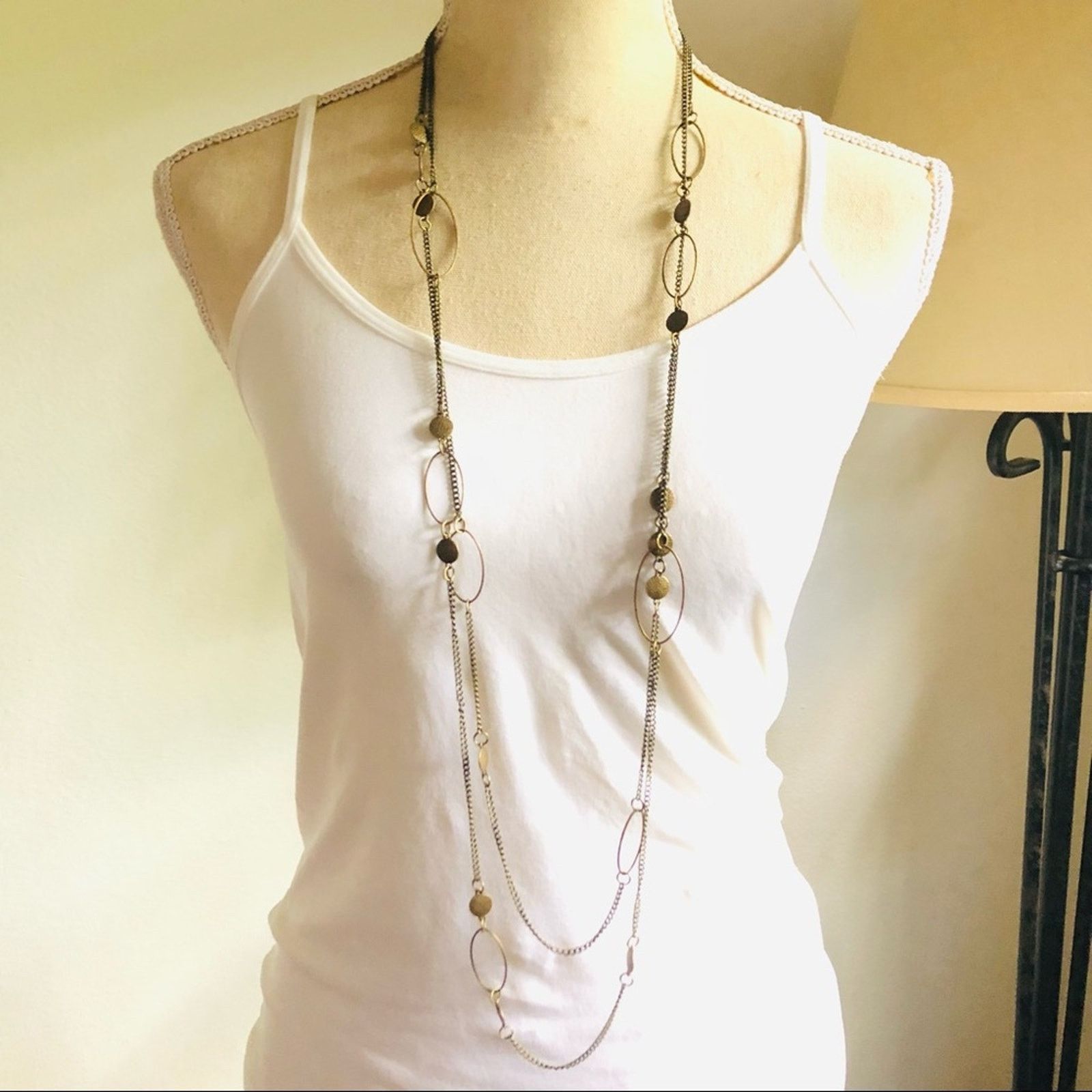 Jewelry Double strand layered brass chain disc accent long necklace Size ONE SIZE - 1 Thumbnail