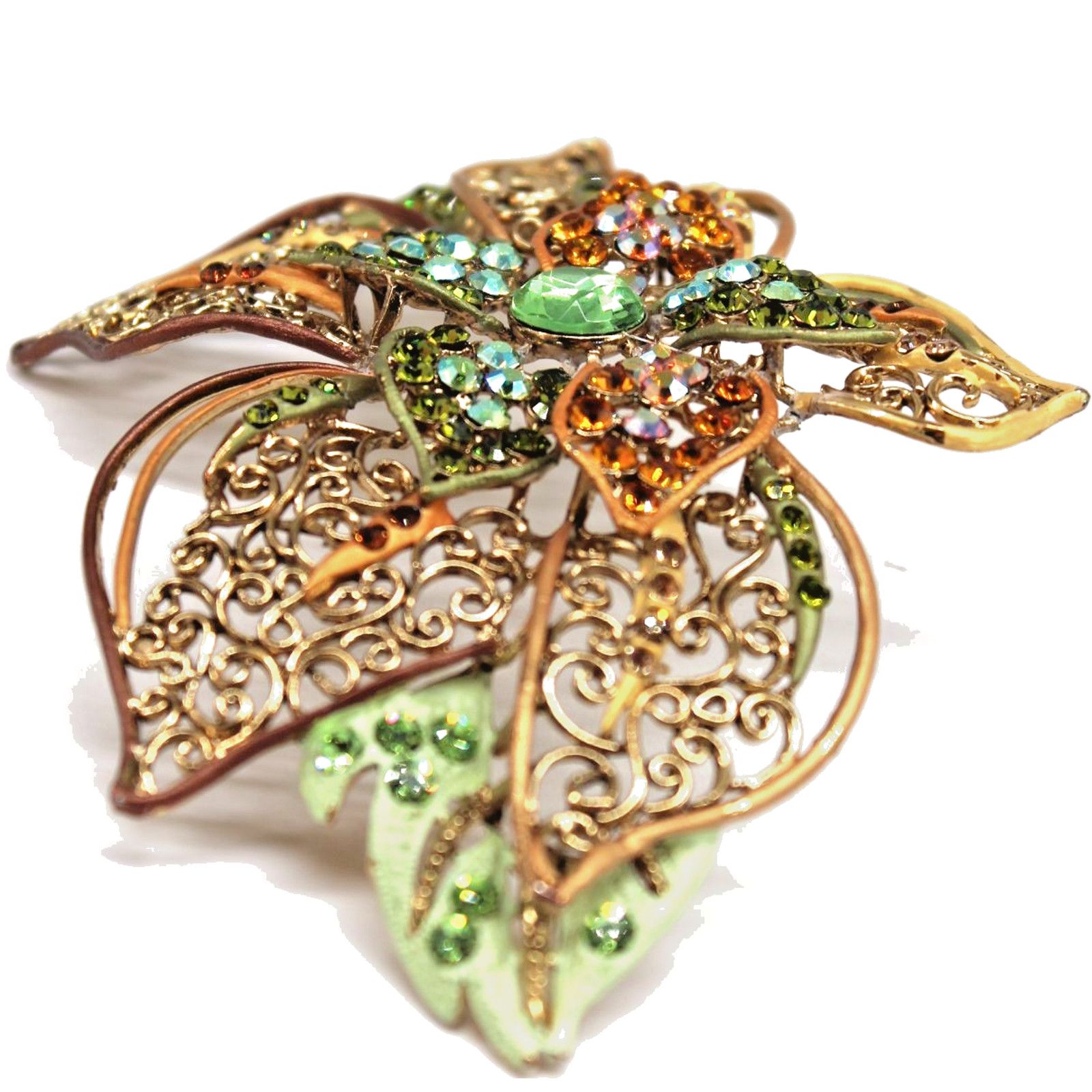 Other Vintage Big Leafy Rhinestone Brooch Green Brown Cluster 5" Size ONE SIZE - 3 Thumbnail