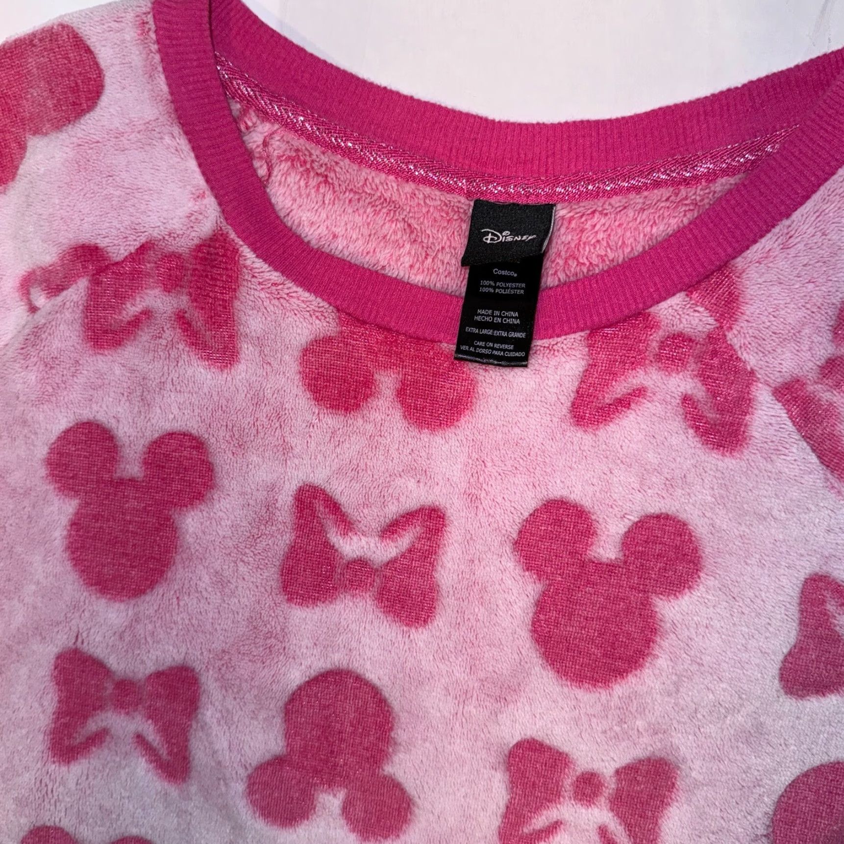 Disney Disney Pajama Set Ladies XL Pink Fleece Mickey Minnie Mouse Head Bow Polka Dot Crew Neck Long Sleeve Size ONE SIZE - 2 Thumbnail