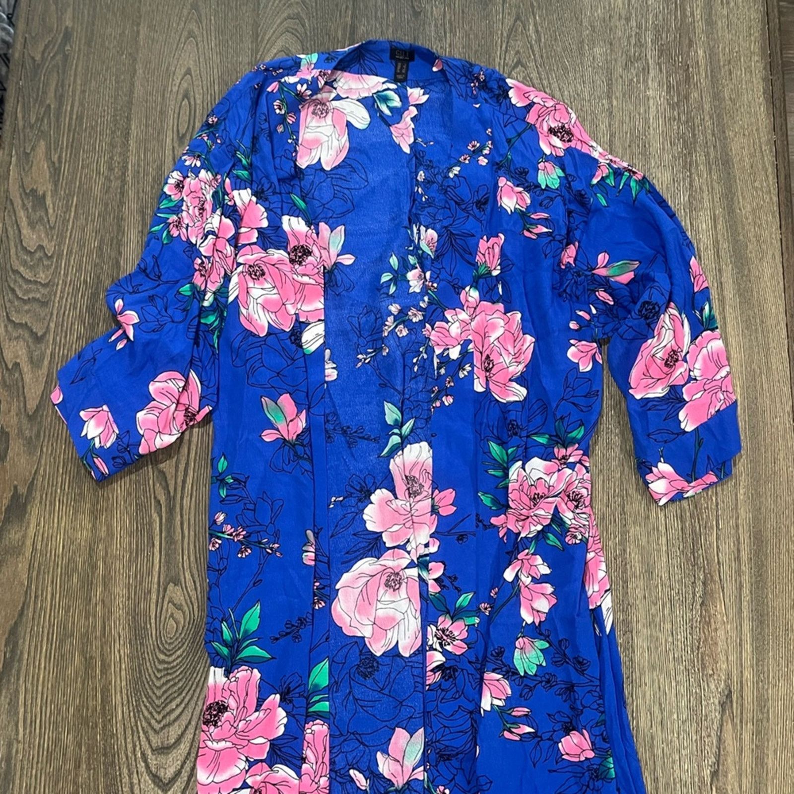 Vintage G.I.L.I. Printed Floral Duster Cardigan Open Front Sz L Size L / US 10 / IT 46 - 3 Thumbnail
