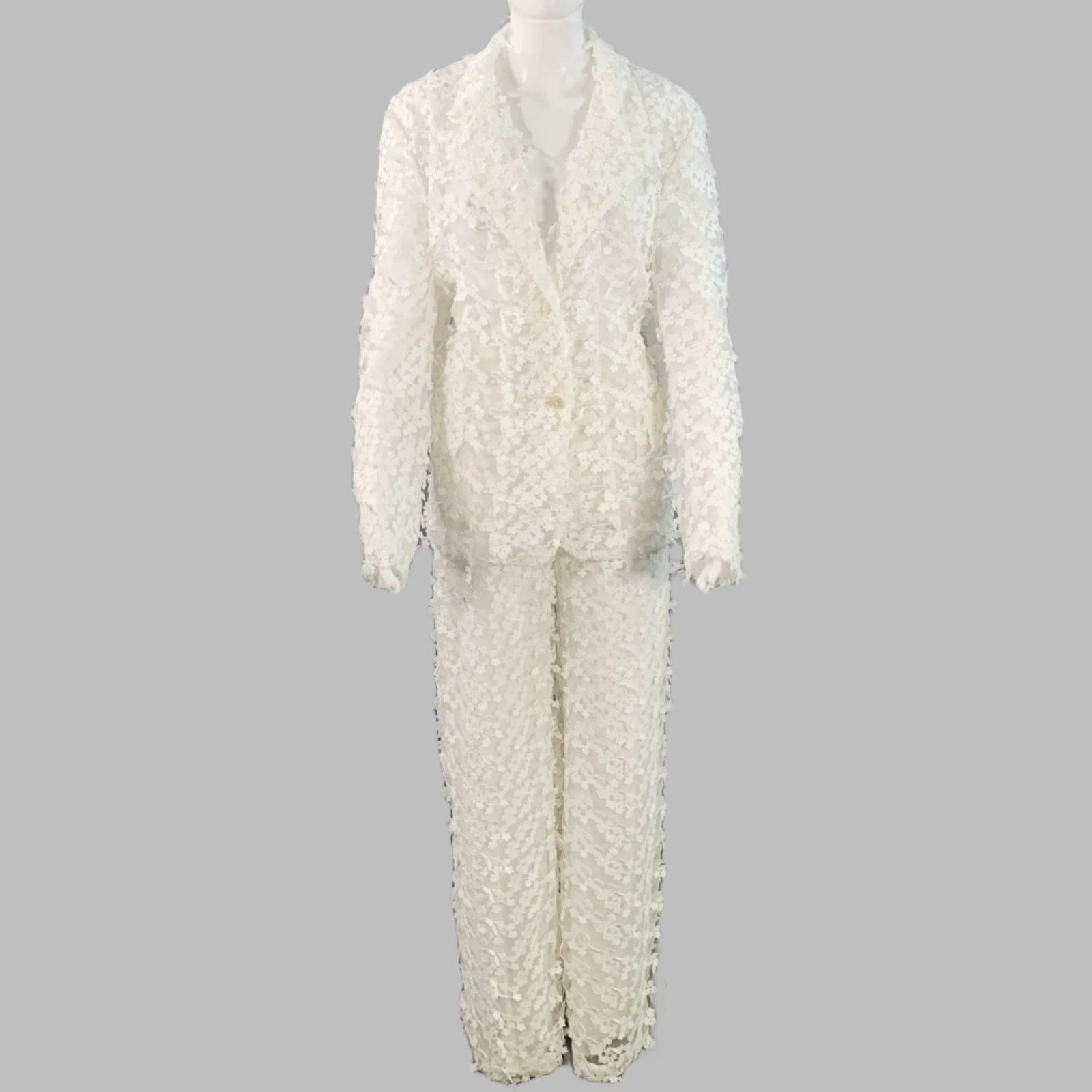 Cynthia Rowley CYNTHIA ROWLEY M White Polyester Lace Peak Lapel Pantsuit Size M / US 6-8 / IT 42-44 - 3 Thumbnail