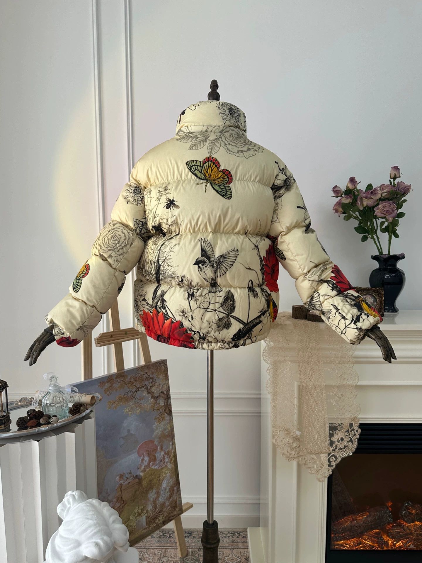 Moncler MONCLER Ink Floral Down Jacket Women's Beige 2 Size XXS / US 00 / IT 34 - 2 Thumbnail