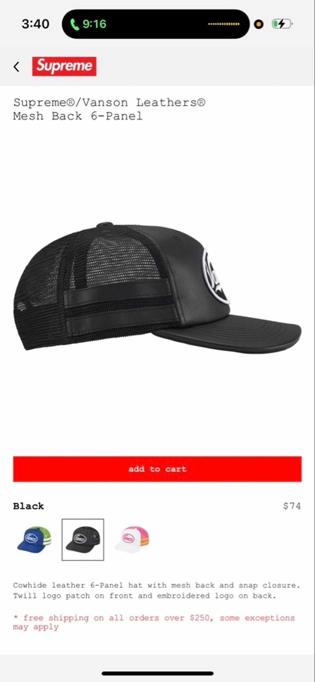 Supreme Supreme x Vanson Leathers Mesh Back 6-Panel Hat Black Size ONE SIZE - 2 Thumbnail