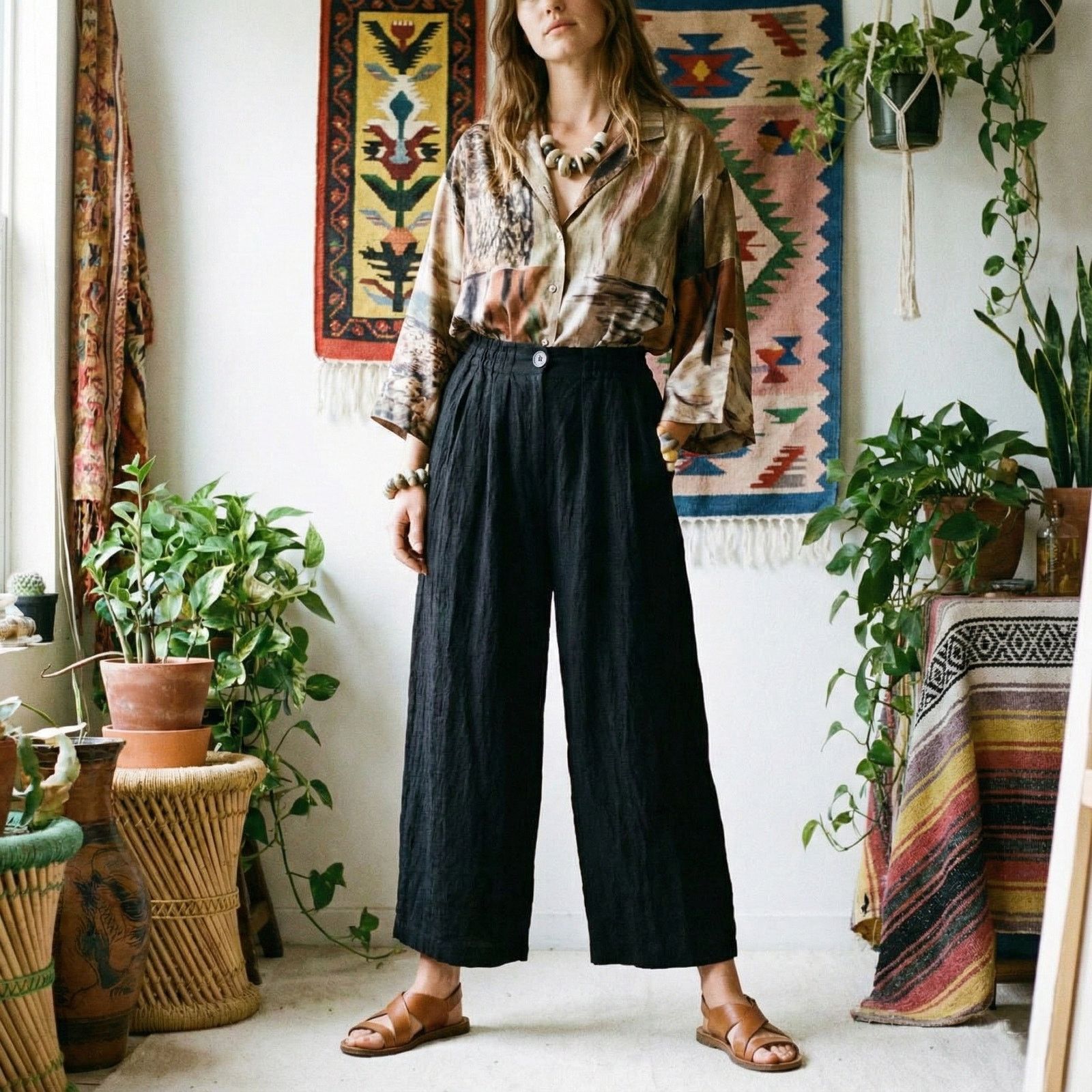 ANNTIAN Linen Harem Pants in Black wide leg size Small