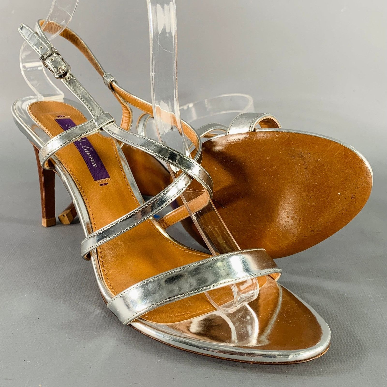 Ralph Lauren Size 7.5 Silver Patent Leather Metallic Strappy Sandals Size US 7.5 / IT 37.5 - 5 Thumbnail