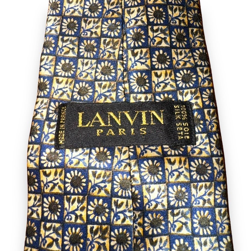 Lanvin Lanvin Navy & Gold Flower Checkerboard Handmade 100% Silk Ti Size ONE SIZE - 3 Thumbnail