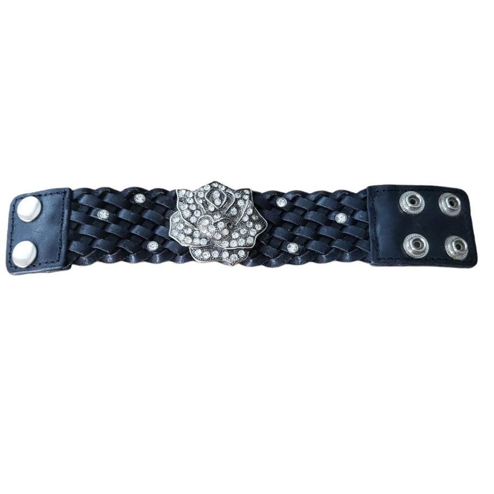 Designer Rhinestone & Weaved Leather Rose Cuff Black Size ONE SIZE - 2 Thumbnail