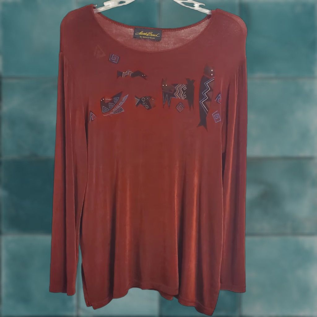 Vintage Laurel Burch Top Women M Rust Southwestern Design Long Sleeve Stretch Artsy Read Shirt Blouse Casual Fall Spring Size M / US 6-8 / IT 42-44 - 1 Thumbnail