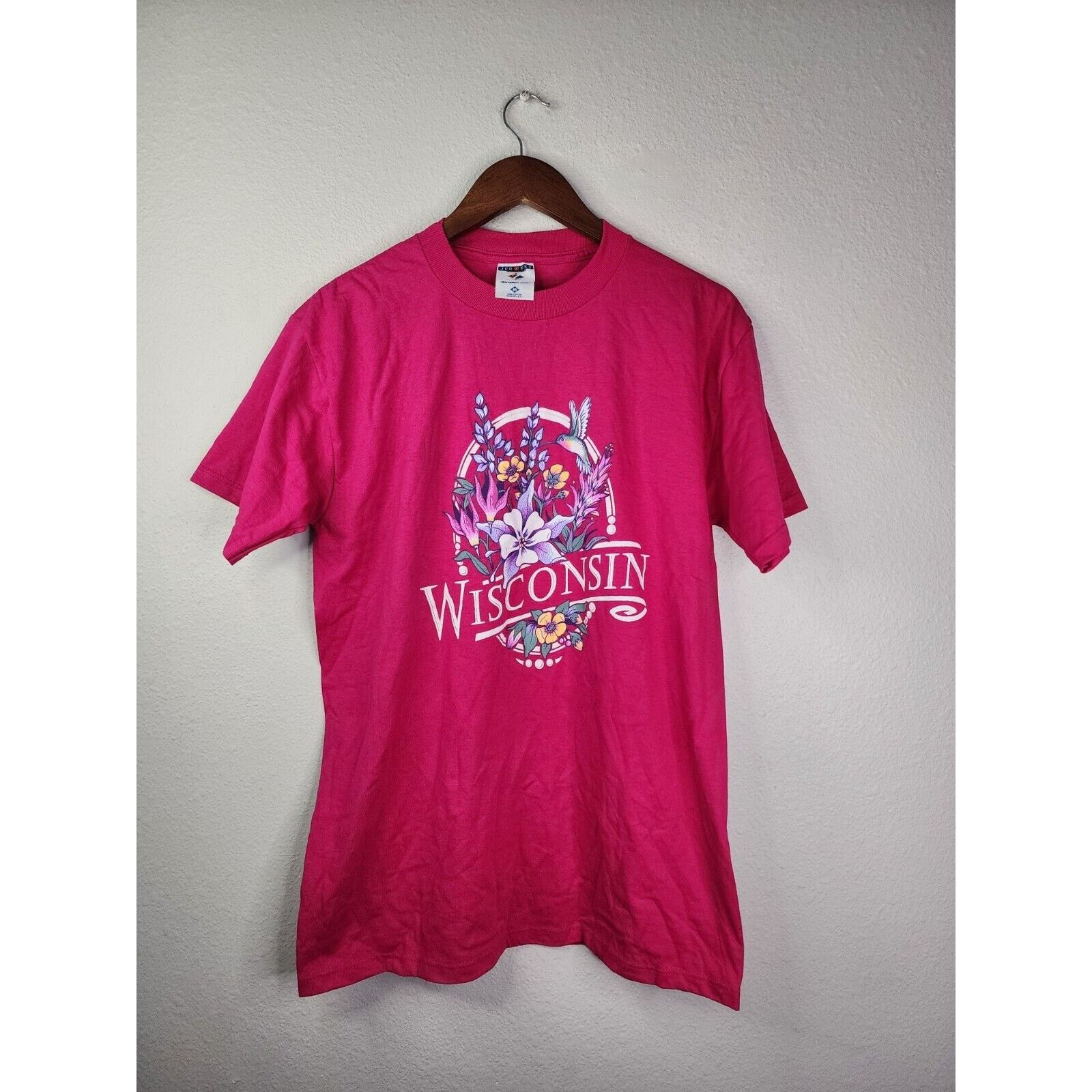 Jerzees Vintage Wisconsin Shirt WI Pink Flower Nature Tee 90s Medium Size US M / EU 48-50 / 2 - 1 Thumbnail