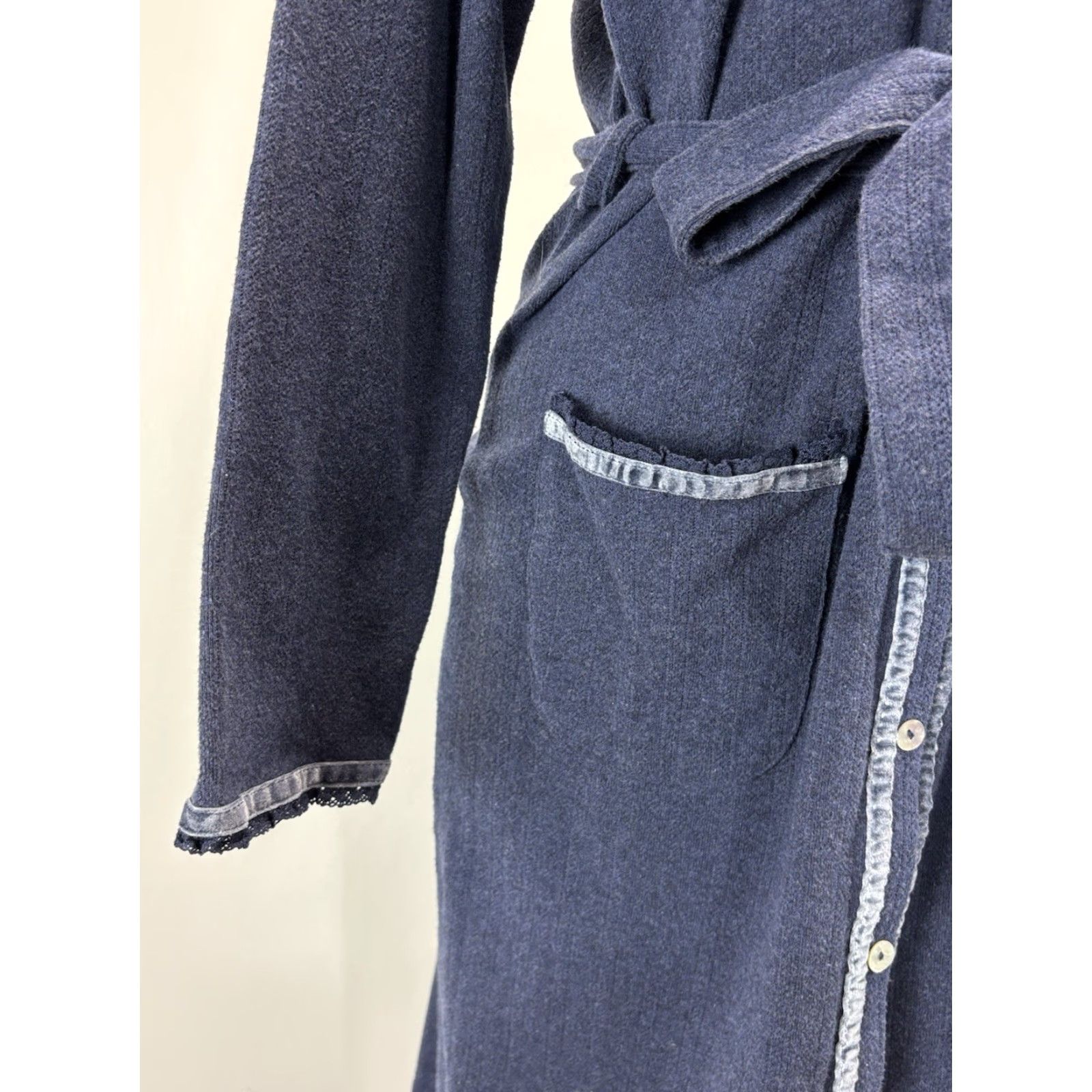 Velvet Gillian O’Malley Nightgown Robe Women’s S/M Navy Velvet Trim Button Front Long Sleeve Woman Spa Sleepwear Size ONE SIZE - 6 Thumbnail
