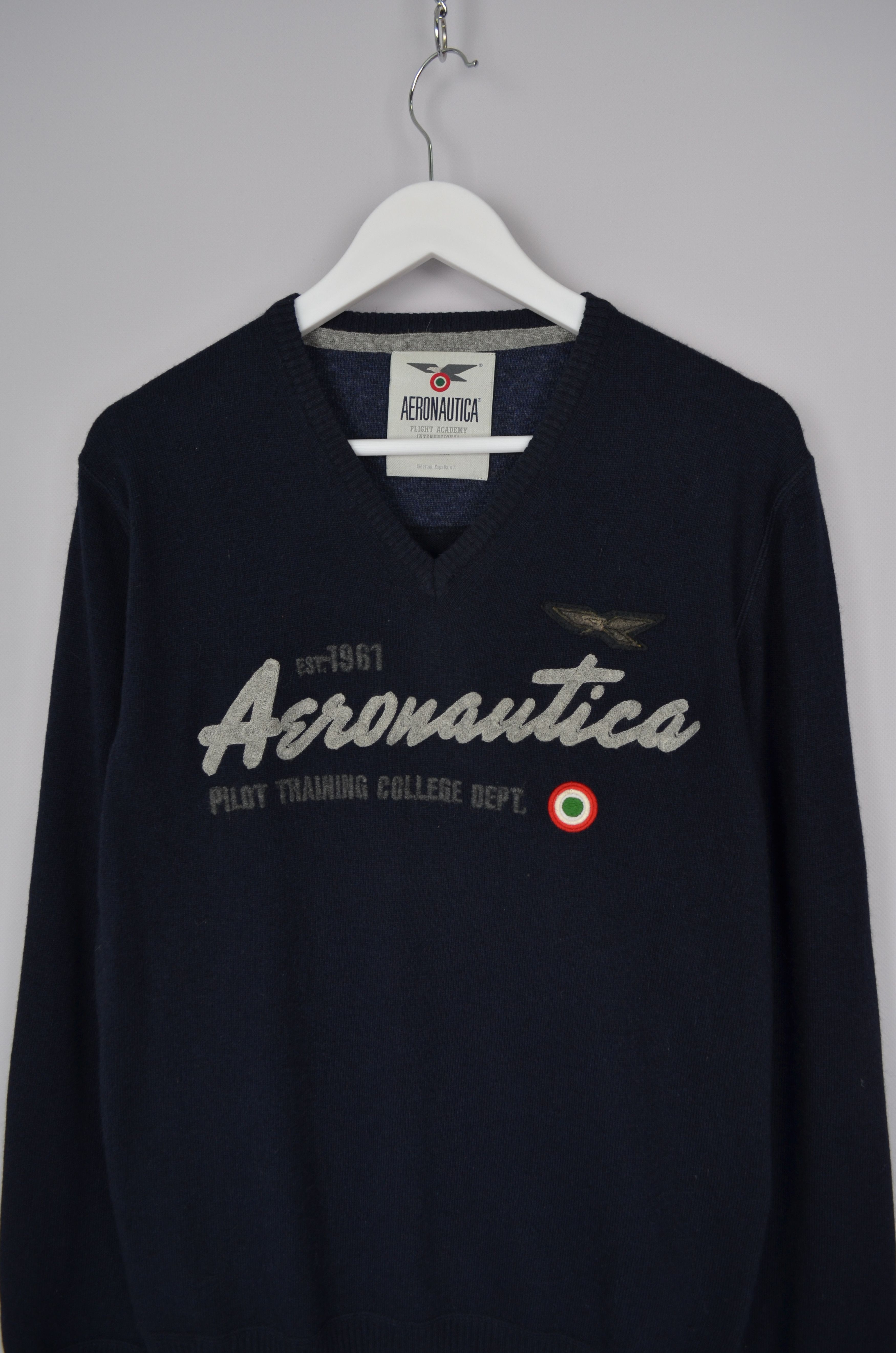 Aeronautica Militare × Designer Aeronautica Militare Wool Blend Navy V-Neck Sweater Jumper Size US L / EU 52-54 / 3 - 2 Thumbnail