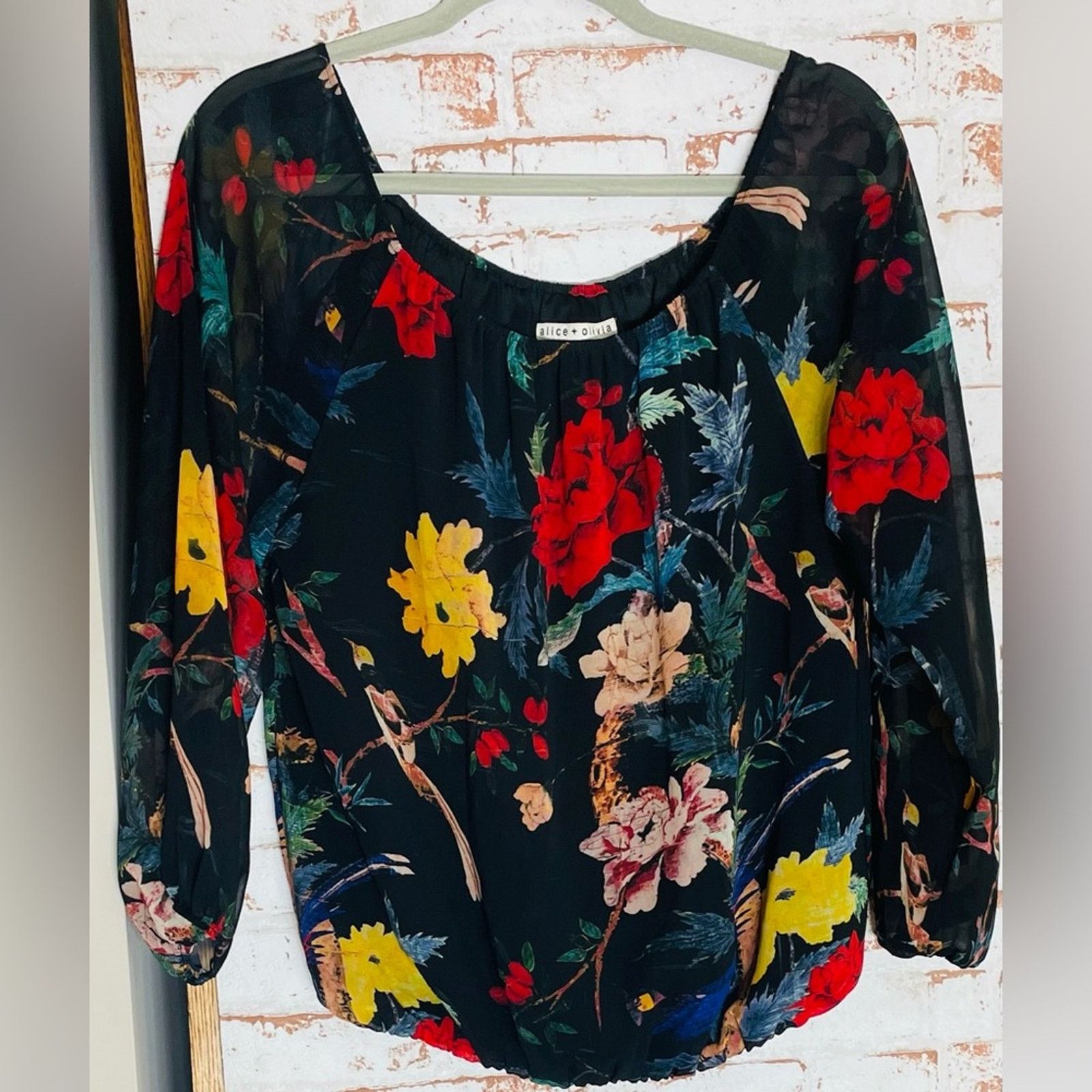 Alice + Olivia Alice + Olivia Black Top with Red and Green Floral Design Size M / US 6-8 / IT 42-44 - 1 Thumbnail