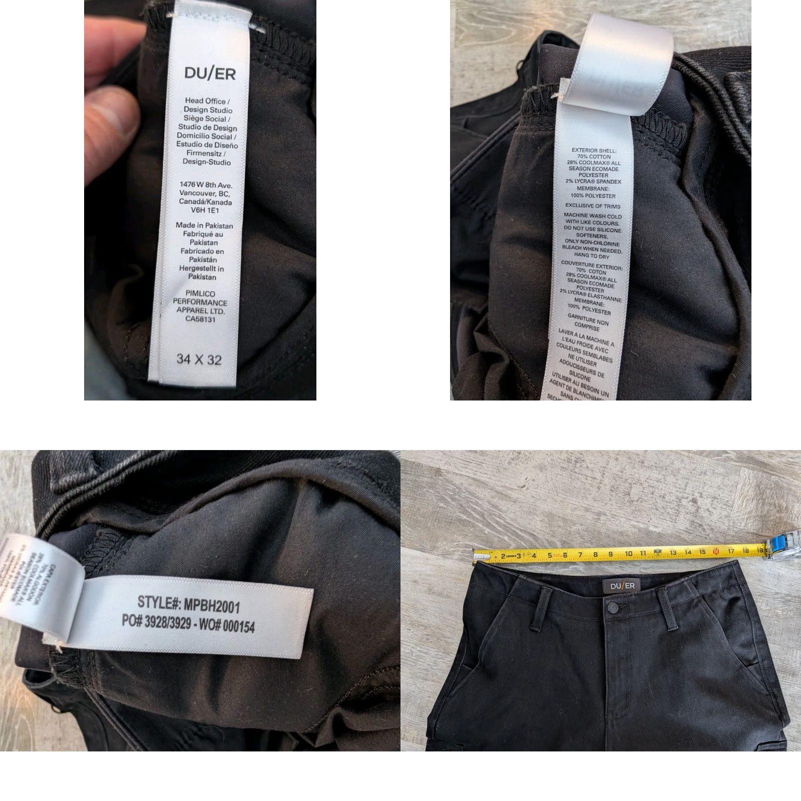 DU/ER Live Free Adventure Pants Mens 34X32 Cargo Black Slim Stretch Canvas