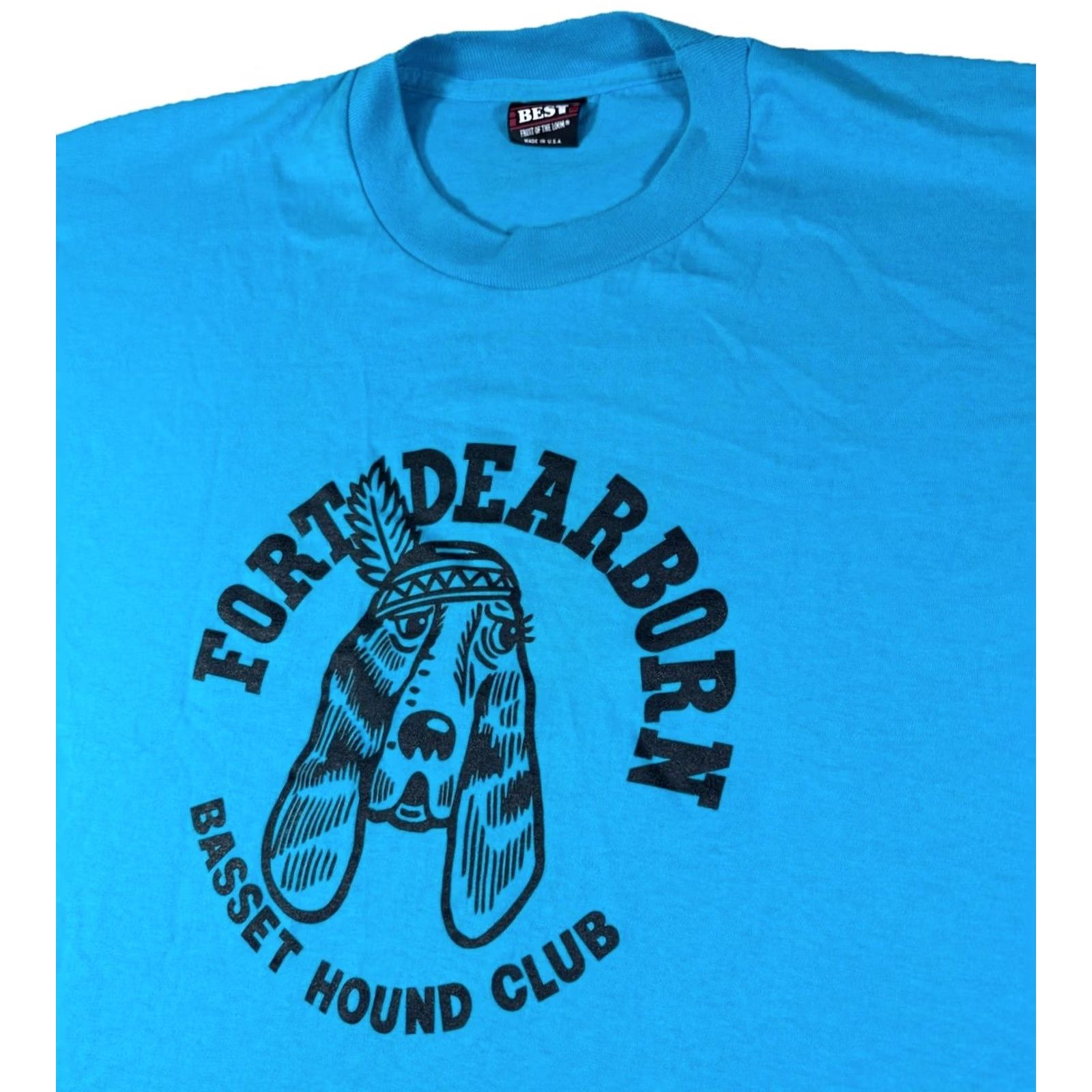 Fruit Of The Loom VINTAGE Fort Dearborn Basset Hound Club Dog Graphic T-Shirt Blue USA Made XXL Unisex Adults Short Sleeve Crew Neck Cotton Blend USA Dog Mens Womens Size US XXL / EU 58 / 5 - 2 Thumbnail