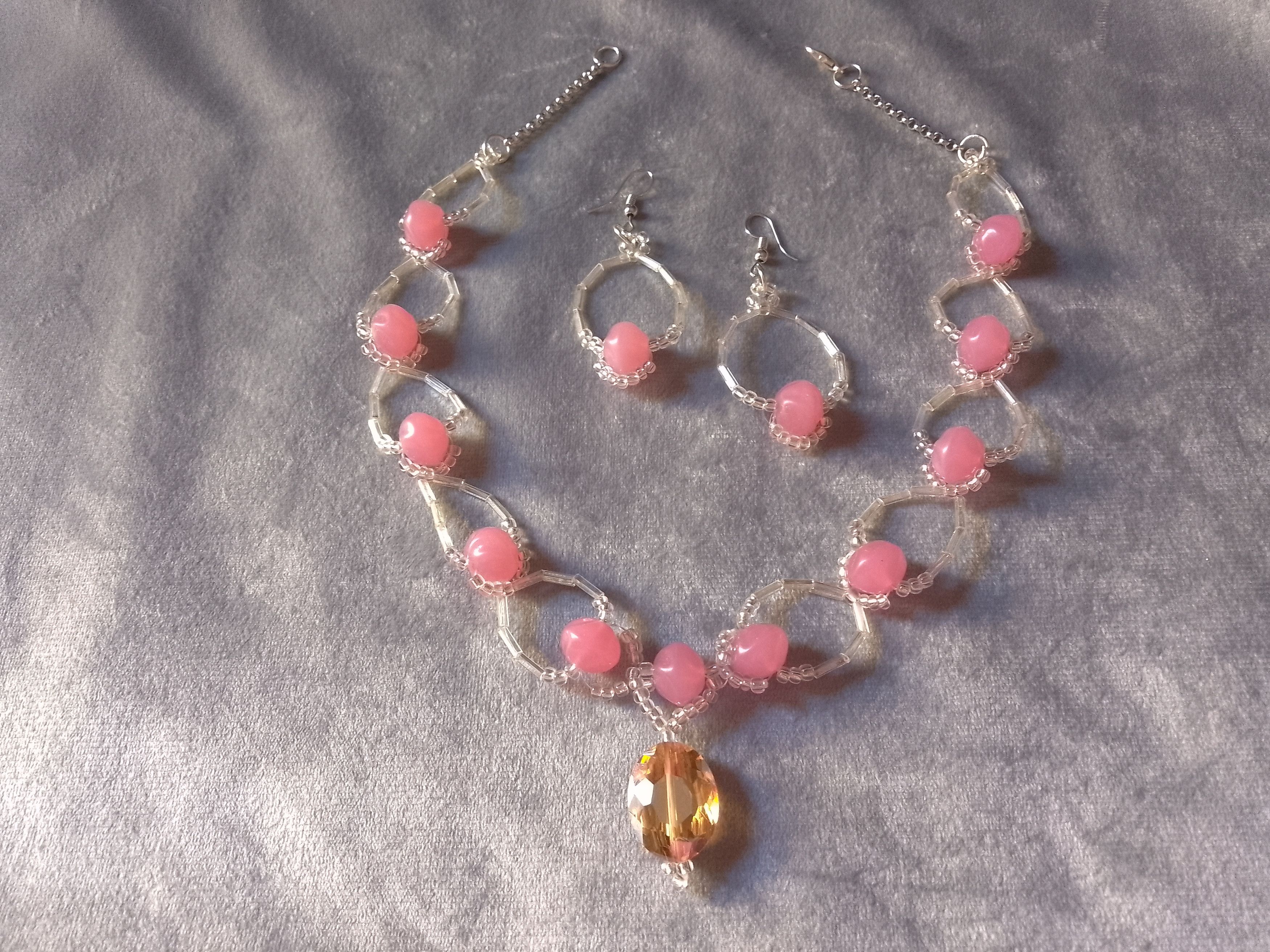 Handmade Necklace Pink Resin Stones Crystal Pendant. Earrings Size ONE SIZE - 6 Thumbnail