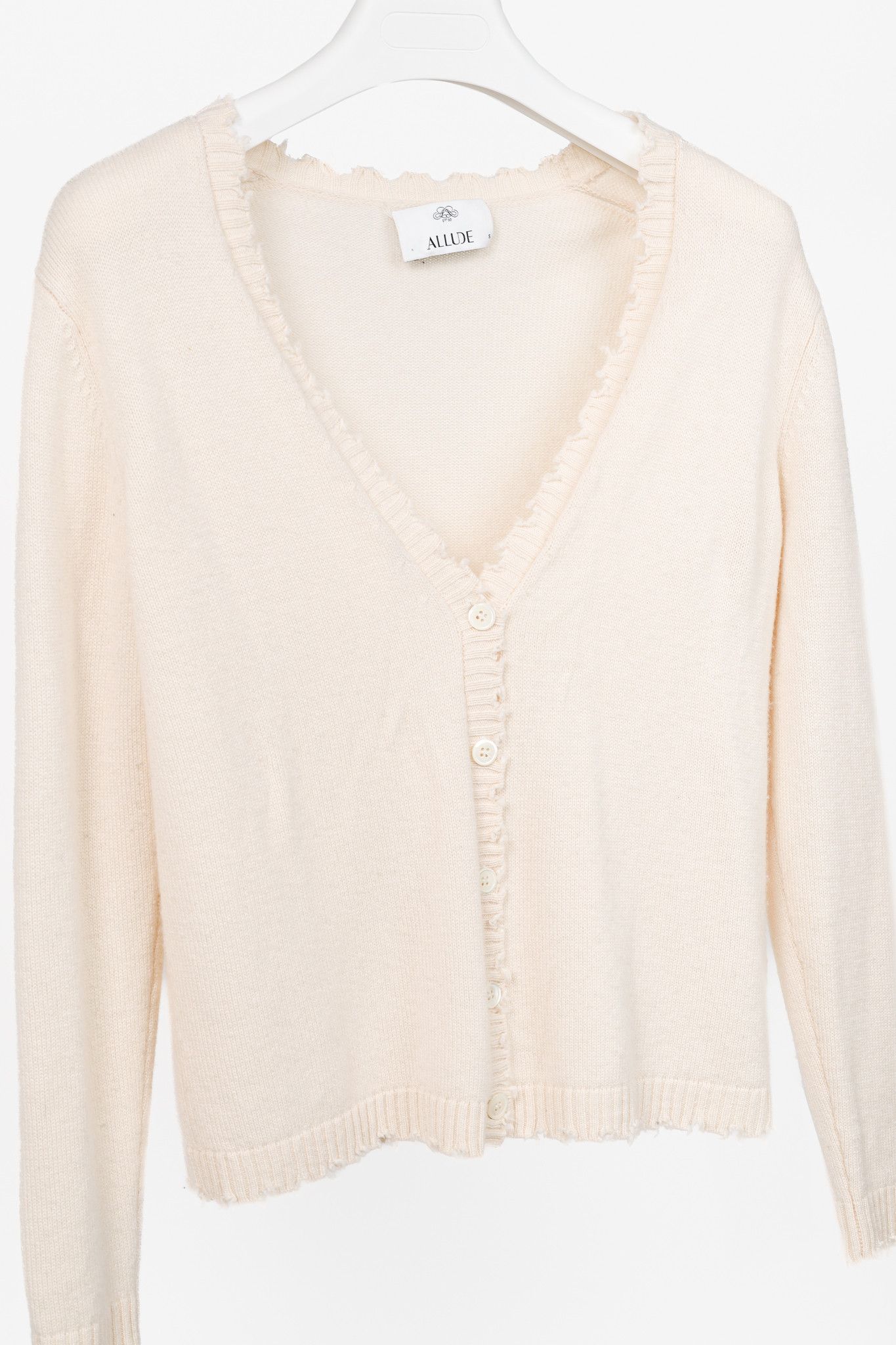Allude Cream Wool & Cashmere Distressed V-Neck Cardigan