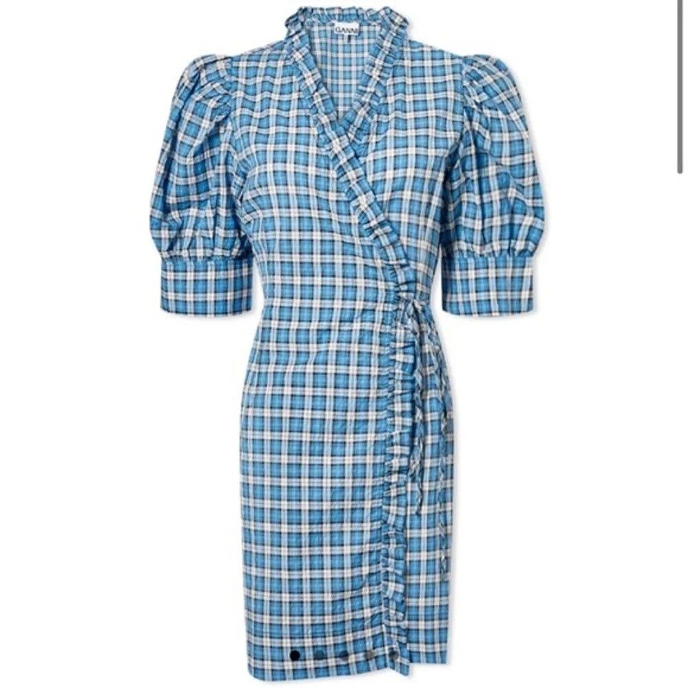 Ganni Ganni Seersucker Check Wrap Mini Dress Azure Blue XS NWT Size XS / US 0-2 / IT 36-38 - 1 Thumbnail