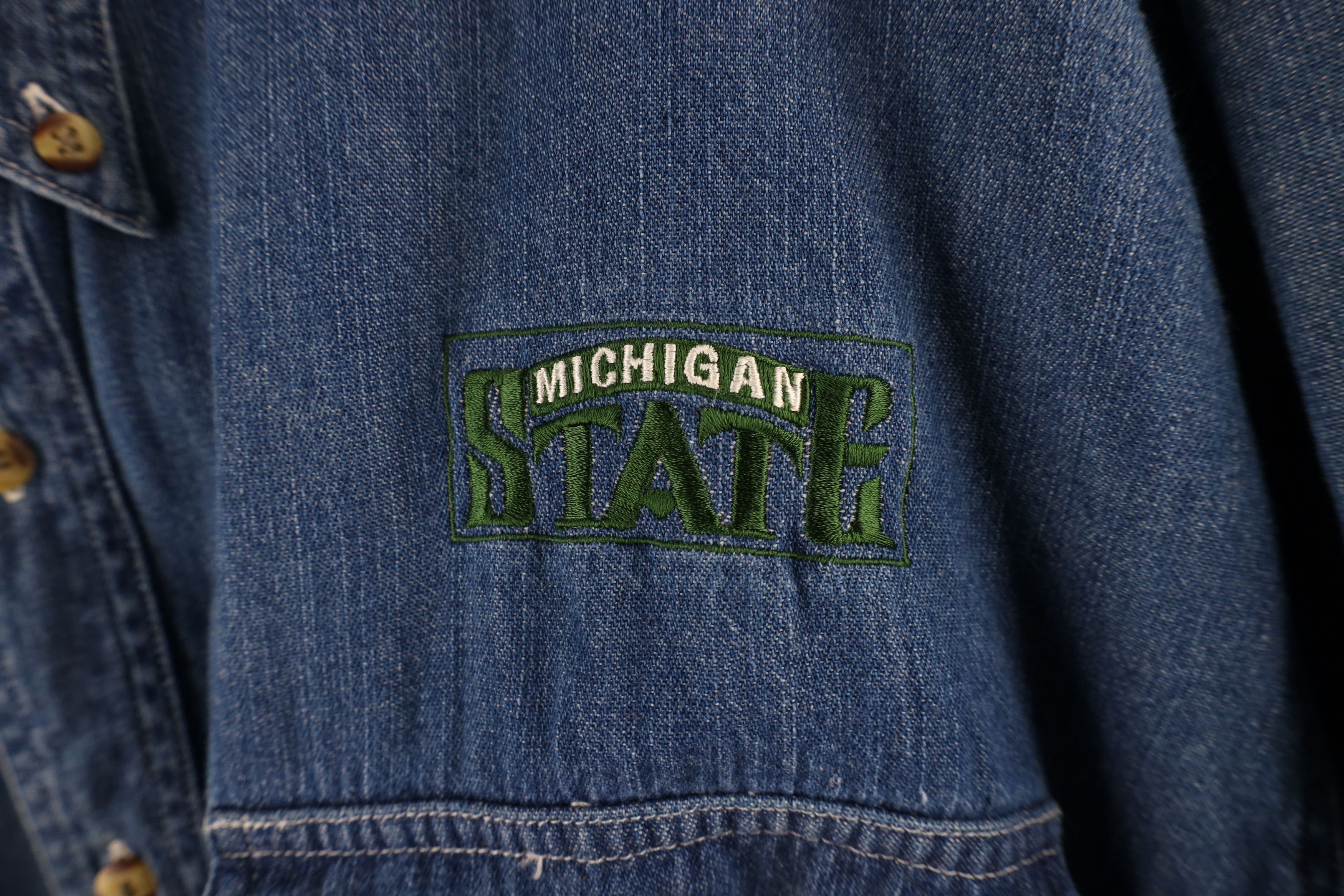 Vintage Vintage 90s Spell Out Michigan State University Denim Shirt Size US XL / EU 56 / 4 - 4 Thumbnail