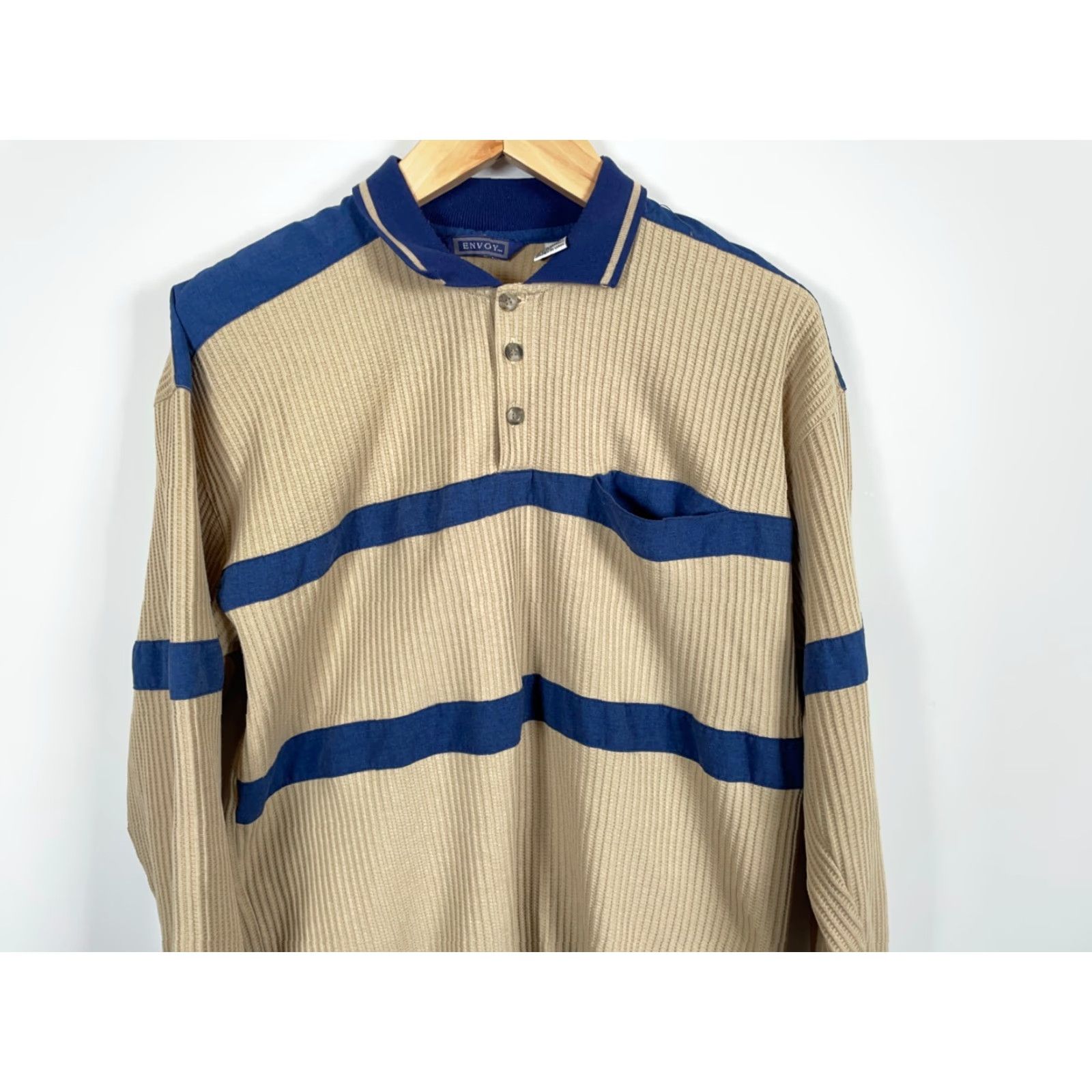 Vintage Envoy Polo Shirt Shirt Adult Large Beige 90s Retro Waffle Knit Long Sleeve Blue Panel Trim Vintage Mens Size US L / EU 52-54 / 3 - 4 Thumbnail
