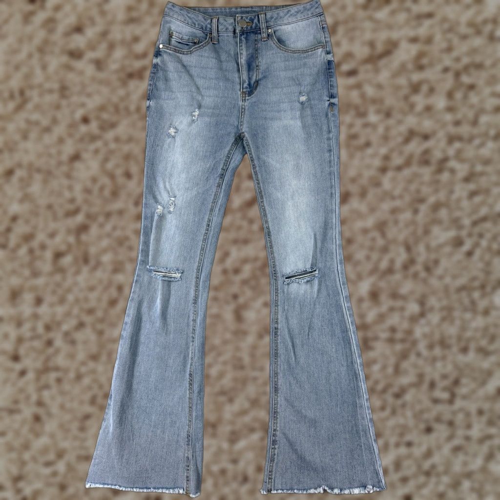 Vintage No Boundaries Jeans Flared Denim Females 29x25 Blue Distressed 3 5-Pocket Regular Cotton Blend High Rise Cowboy Southwestern Designer Vintage No Size 26" / US 2 / IT 38 - 1 Thumbnail
