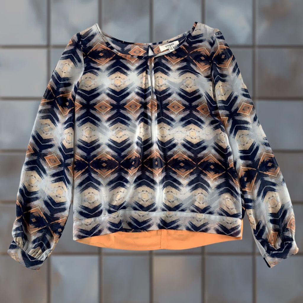 Vintage UMGEE Blouse Shirt Womens SMALL Blue Gray Coral Open Shoulders & Back Long Sleeve Round Neck Pullover Abstract Pattern All Seasons Regular Fit Size S / US 4 / IT 40 - 1 Thumbnail