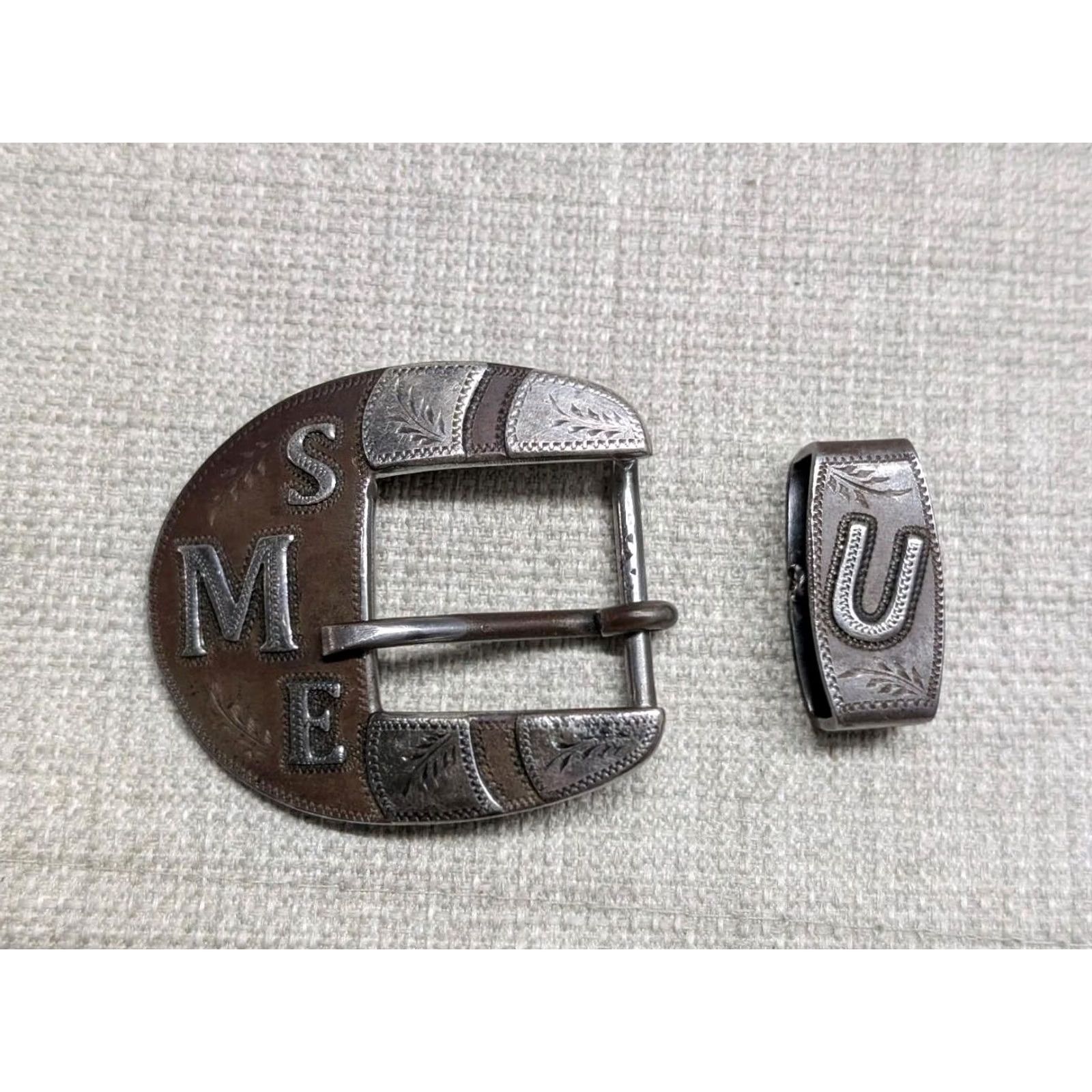 Vintage VINTAGE handmade WESTERN belt buckle set 2PC Engraved Bronze/Silver Men Buckle 2" x 2-1/8" 1" keeper Ranger Jaggar Size ONE SIZE - 2 Thumbnail