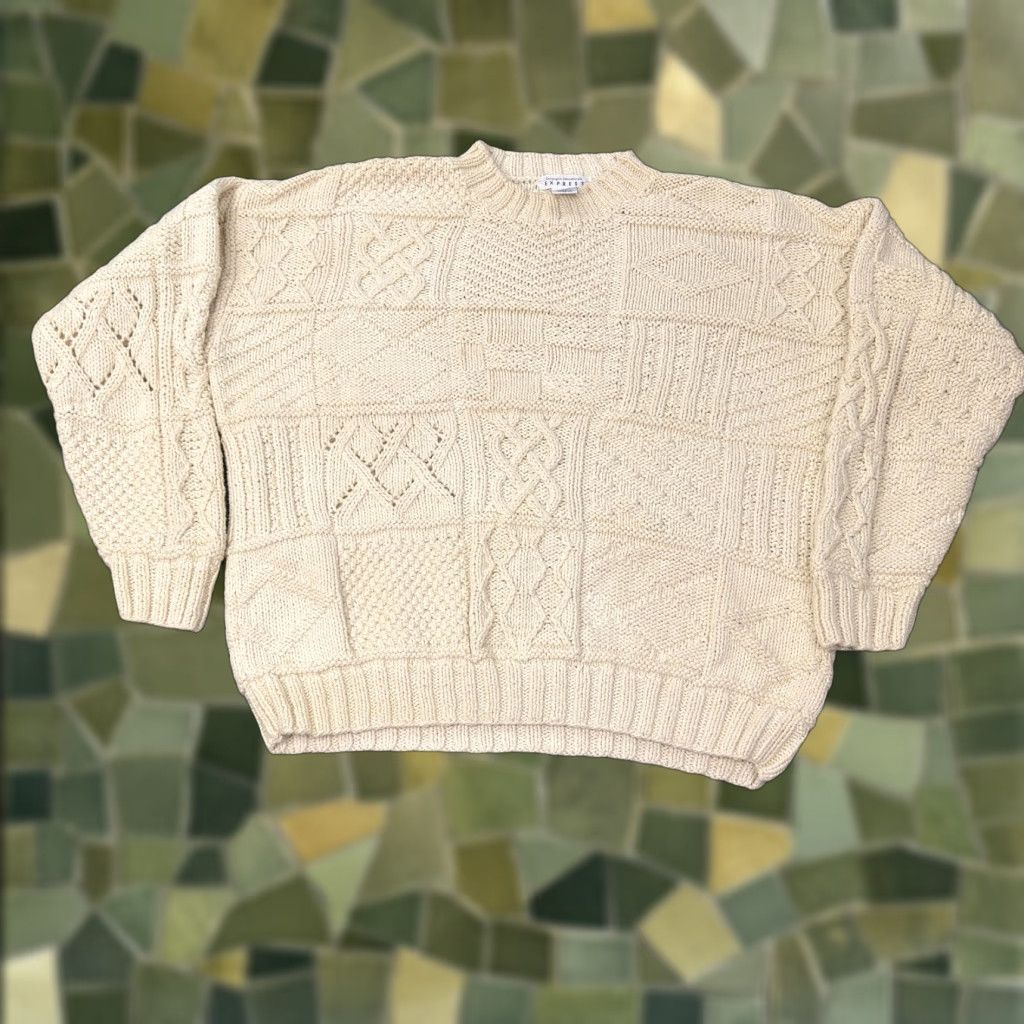Express VINTAGE Express Sweater Women Medium White Cable Knit Chunky Pullover Crew Neck 80s 90s Womens Size M / US 6-8 / IT 42-44 - 1 Thumbnail
