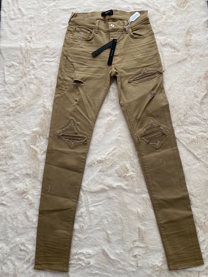 Amiri Amiri Khaki Leather and Patchwork MX1 Denim Jean Size US 30 / EU 46 - 1 Thumbnail