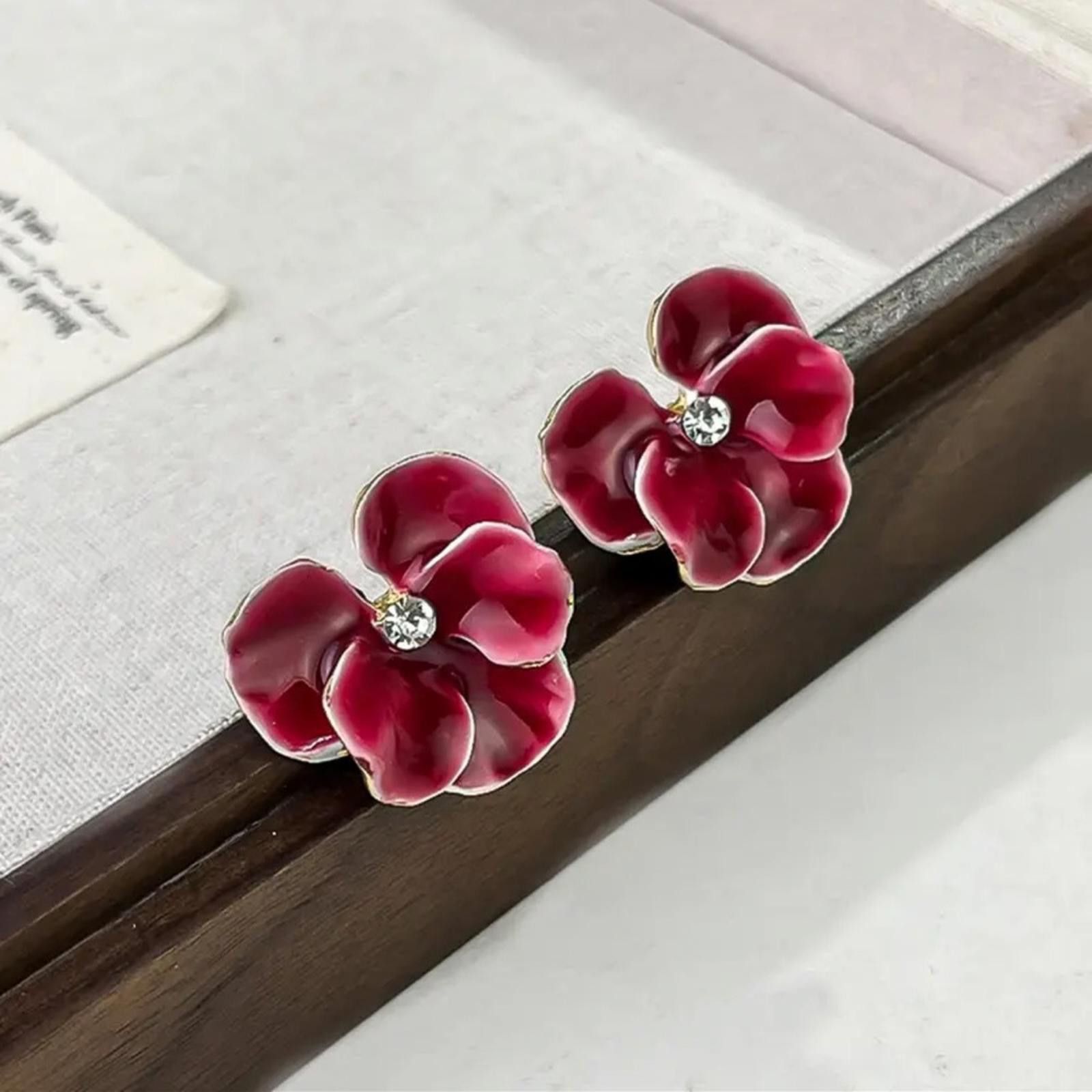 Designer Vintage Inspired Enamel Red Flower Petal Earrings Size ONE SIZE - 2 Thumbnail
