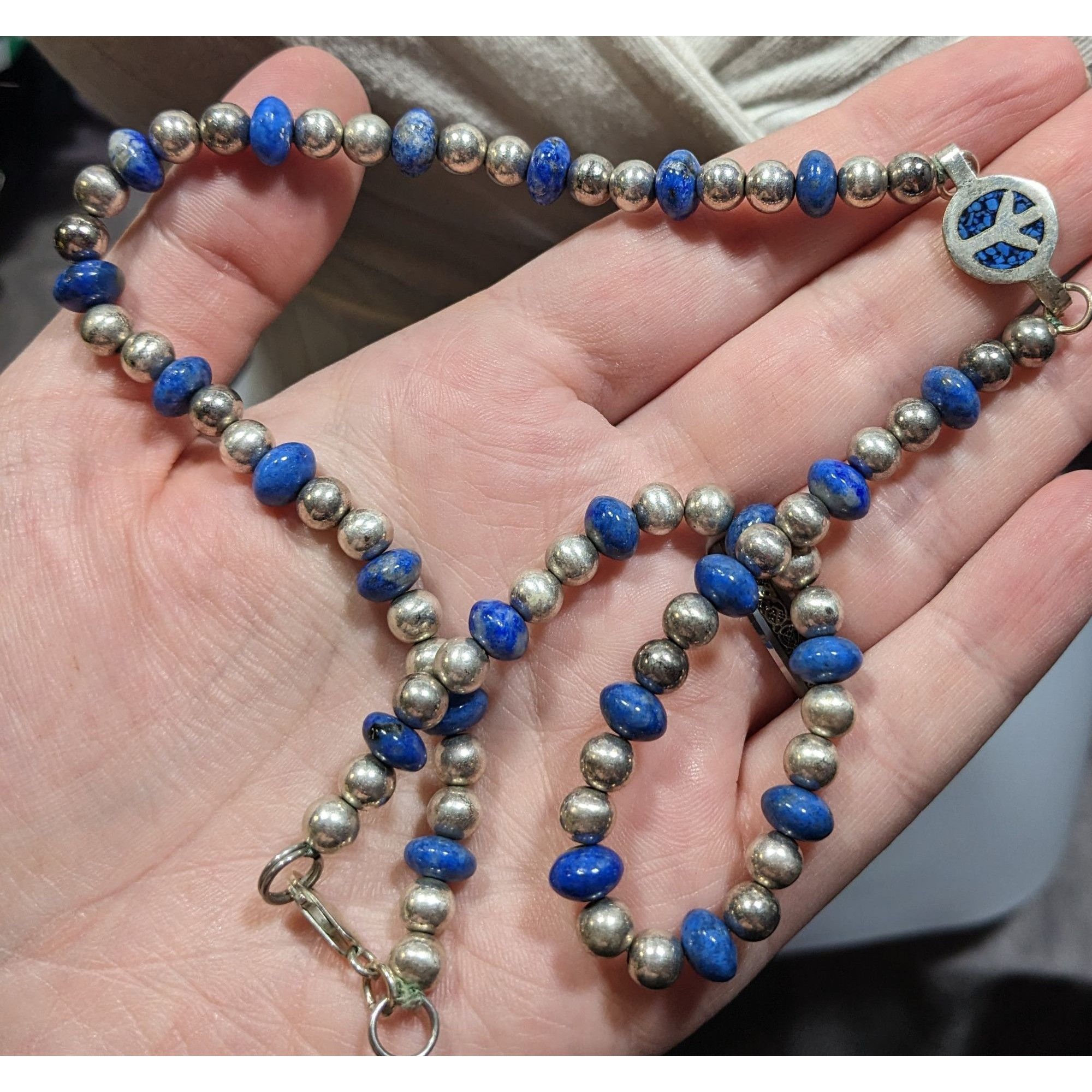 Other Vintage Hippie Peace Sign Lapis And Silver Tone Beaded Neckl Size ONE SIZE - 3 Thumbnail