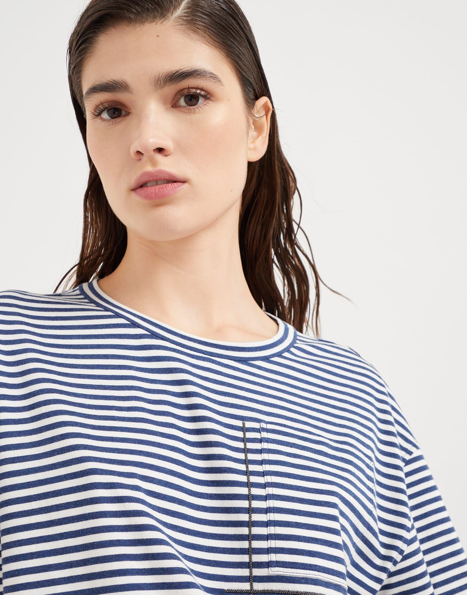 Brunello Cucinelli o1la1rc1a0326 Cotton Striped Jersey T-Shirt in White/Blue Size S / US 4 / IT 40 - 3 Thumbnail