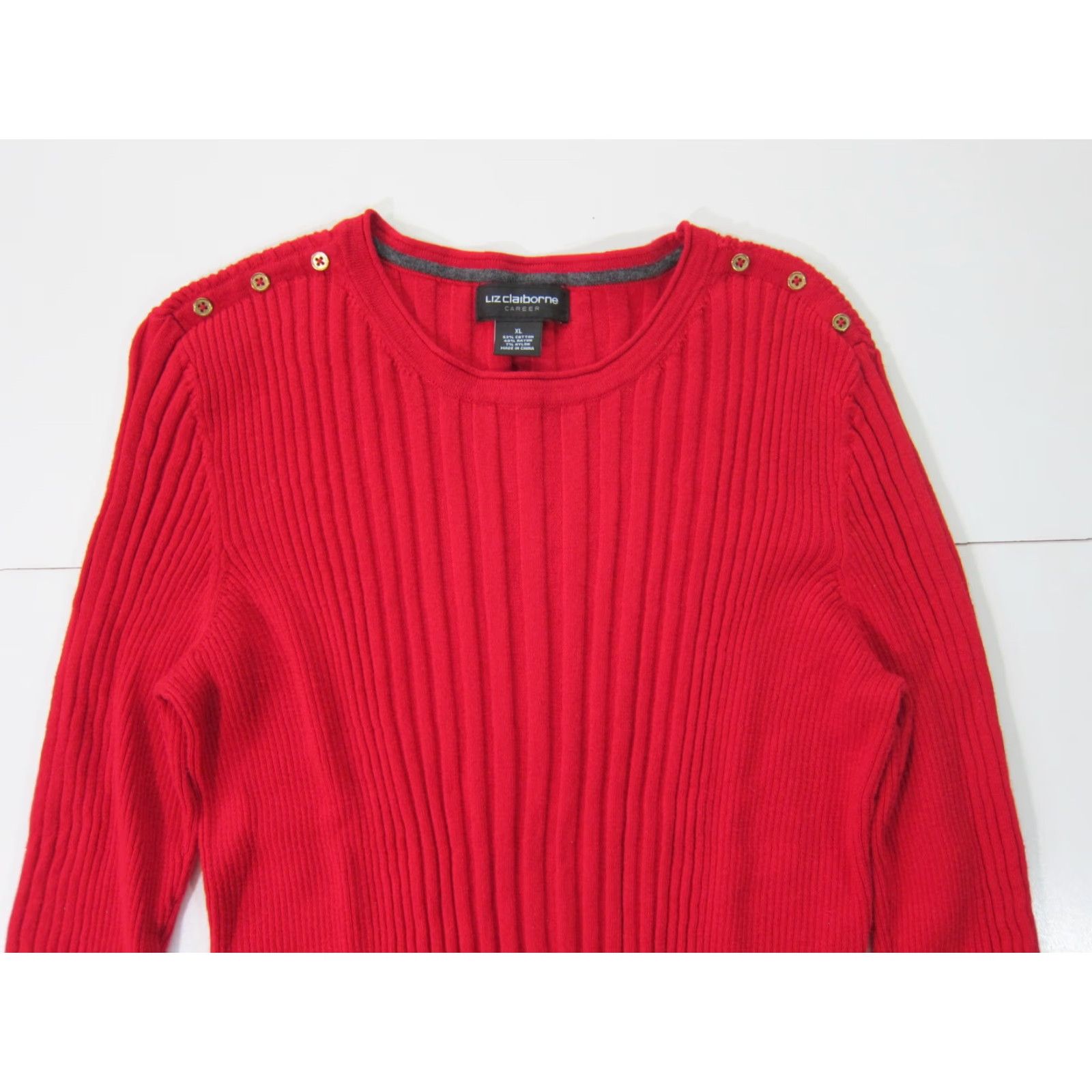Liz Claiborne Liz Claiborne Career Red Ribbed Cotton Stretch Gold Button Crew Neck Sweater XL Women Knit Pullover Size XL / US 12-14 / IT 48-50 - 4 Thumbnail