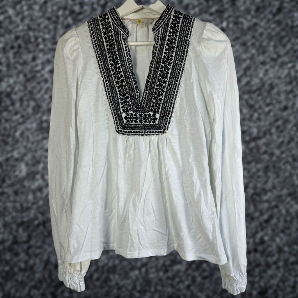 Boden Boden Womens Embroidered Notch Neck Top Blouse White Long Sleeve US 2 Cotton Size XS / US 0-2 / IT 36-38 - 1 Thumbnail