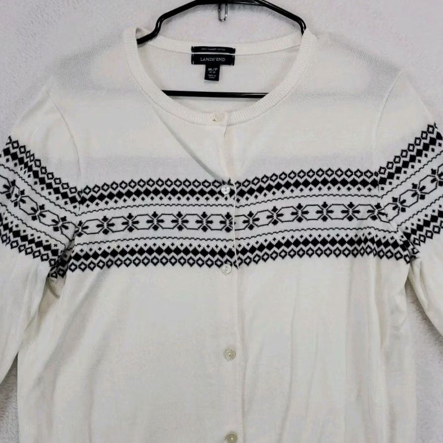 Lands' End VINTAGE Lands' End Womens Cardigan Sweater Nordic Full Button White Supima M Petite Holiday Christmas Nordic Ski Womens Size M / US 6-8 / IT 42-44 - 2 Thumbnail