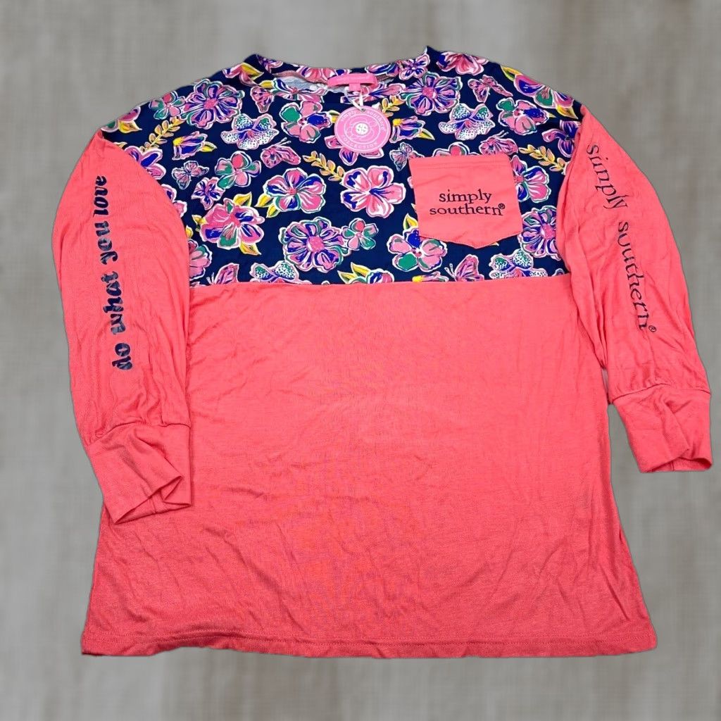 Pinko VINTAGE Simply Southern Women's T-Shirt Small Pink Blue Floral Crew Neck Long Sleeve Casual Tee Size S / US 4 / IT 40 - 1 Thumbnail