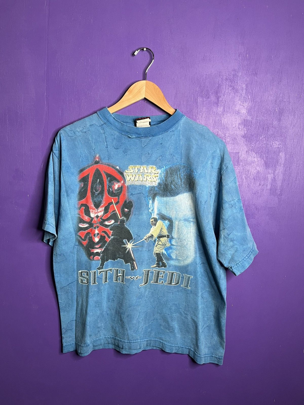 image of 90's Star Wars Sith Vs Jedi Movie Promo T-Shirt in Blue, Men's (Size Large)