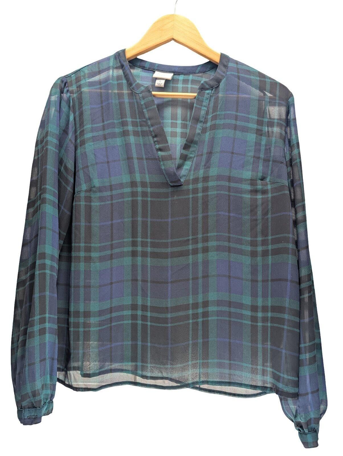 Other A New Day Blouse Women S Split Neck Sheer Plaid Navy Green Size S / US 4 / IT 40 - 1 Thumbnail