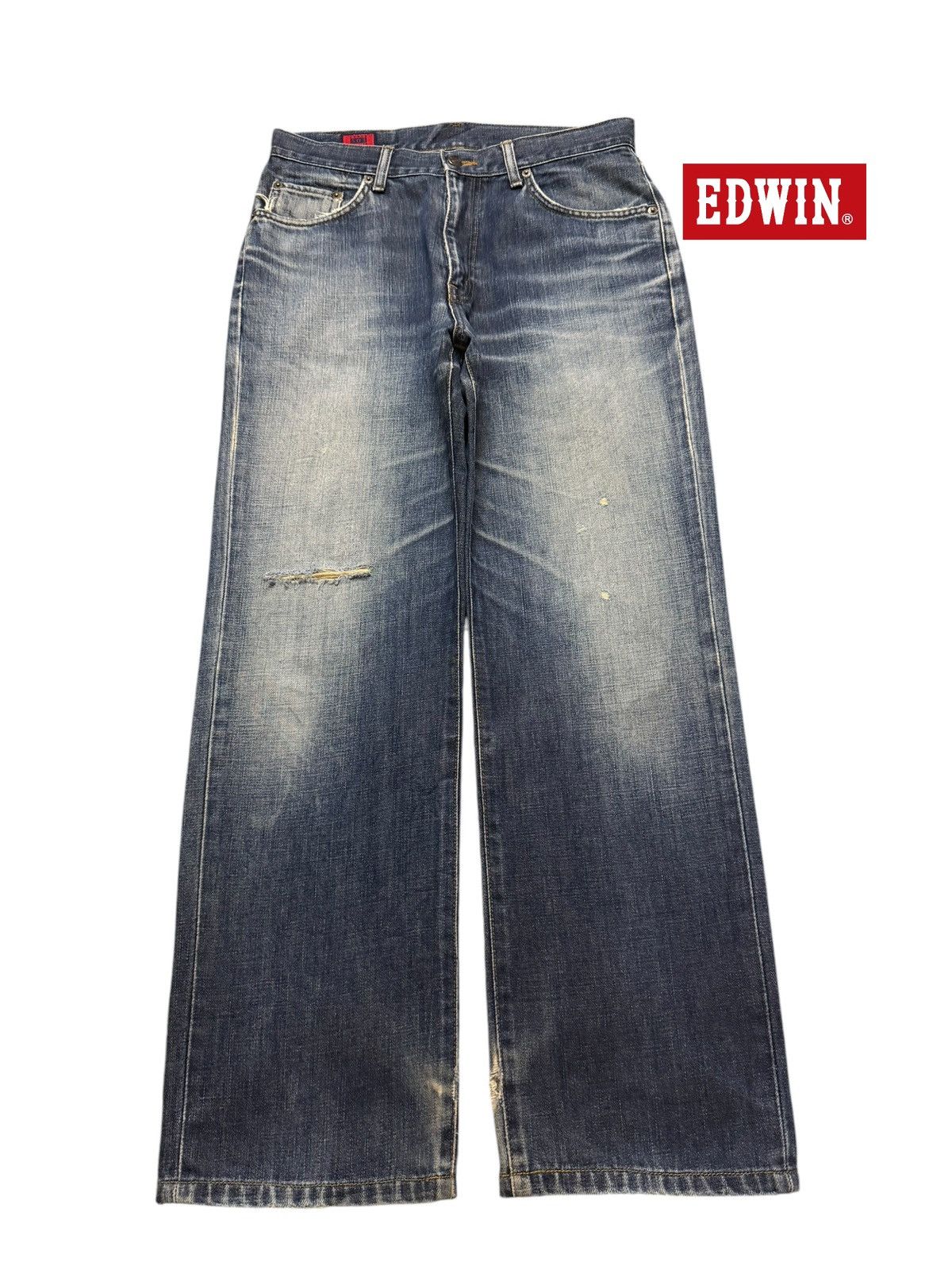 Edwin Vintage 90s Edwin 503 Blue Wash Whiskers Distressed Wide Leg Size US 31 - 1 Thumbnail