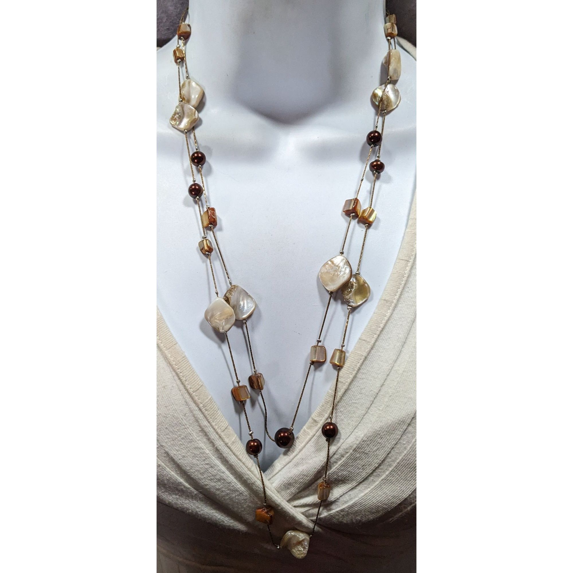 Other Bohemian Layered Shell And Brown Faux Pearl Station Necklace Size ONE SIZE - 4 Thumbnail
