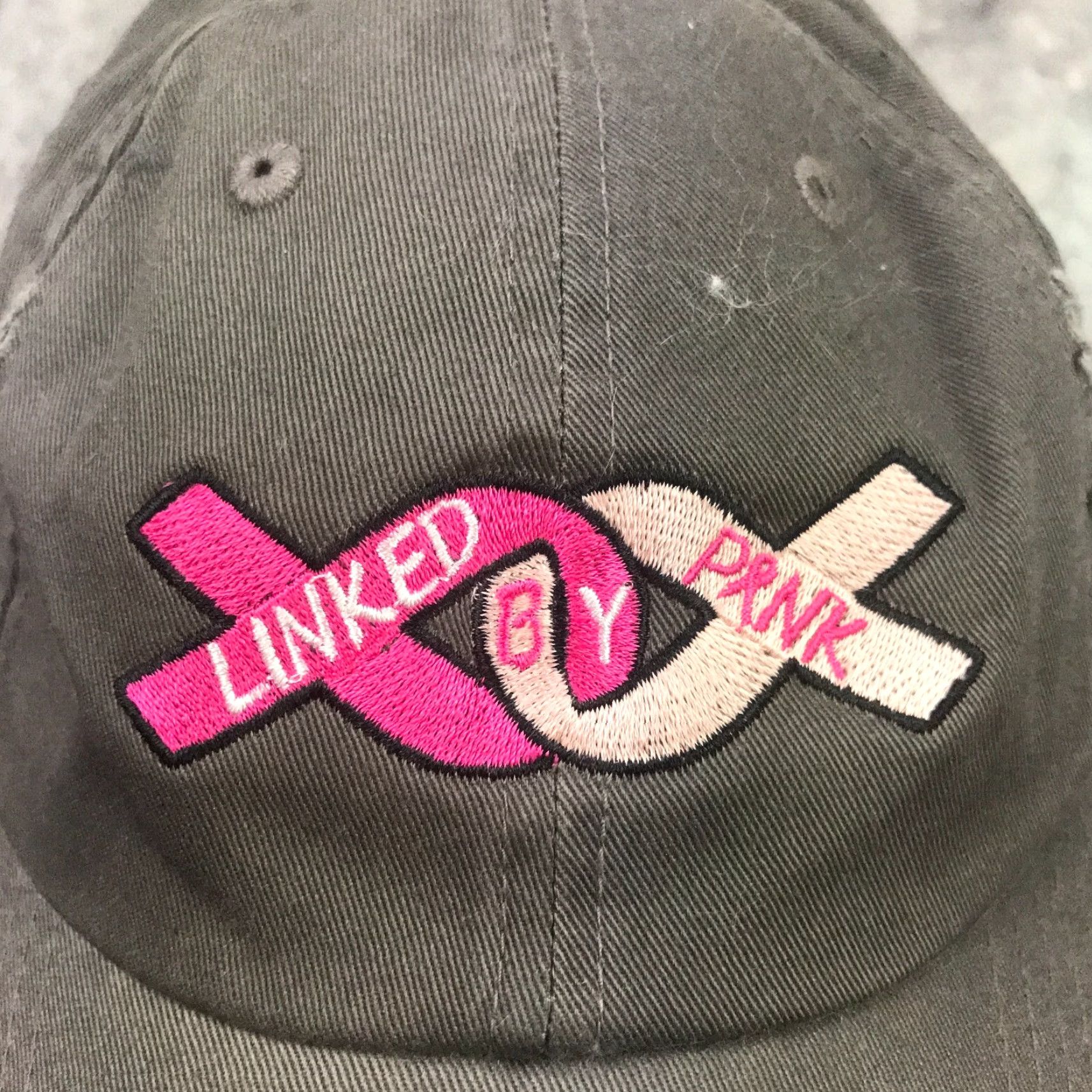 Vintage Breast Cancer Awareness Womens Cap Hat Adjustable Gray Distressed Linked by Pink Size ONE SIZE - 3 Thumbnail