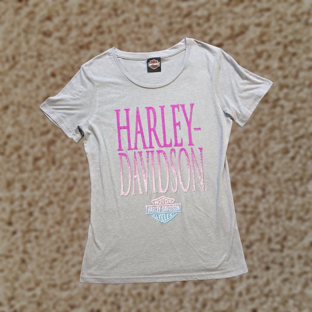 Harley Davidson Harley-Davidson Women T-Shirt Gray Rhinestones Classic Short Sleeve V-Neck Motorcycle Size L / US 10 / IT 46 - 1 Thumbnail